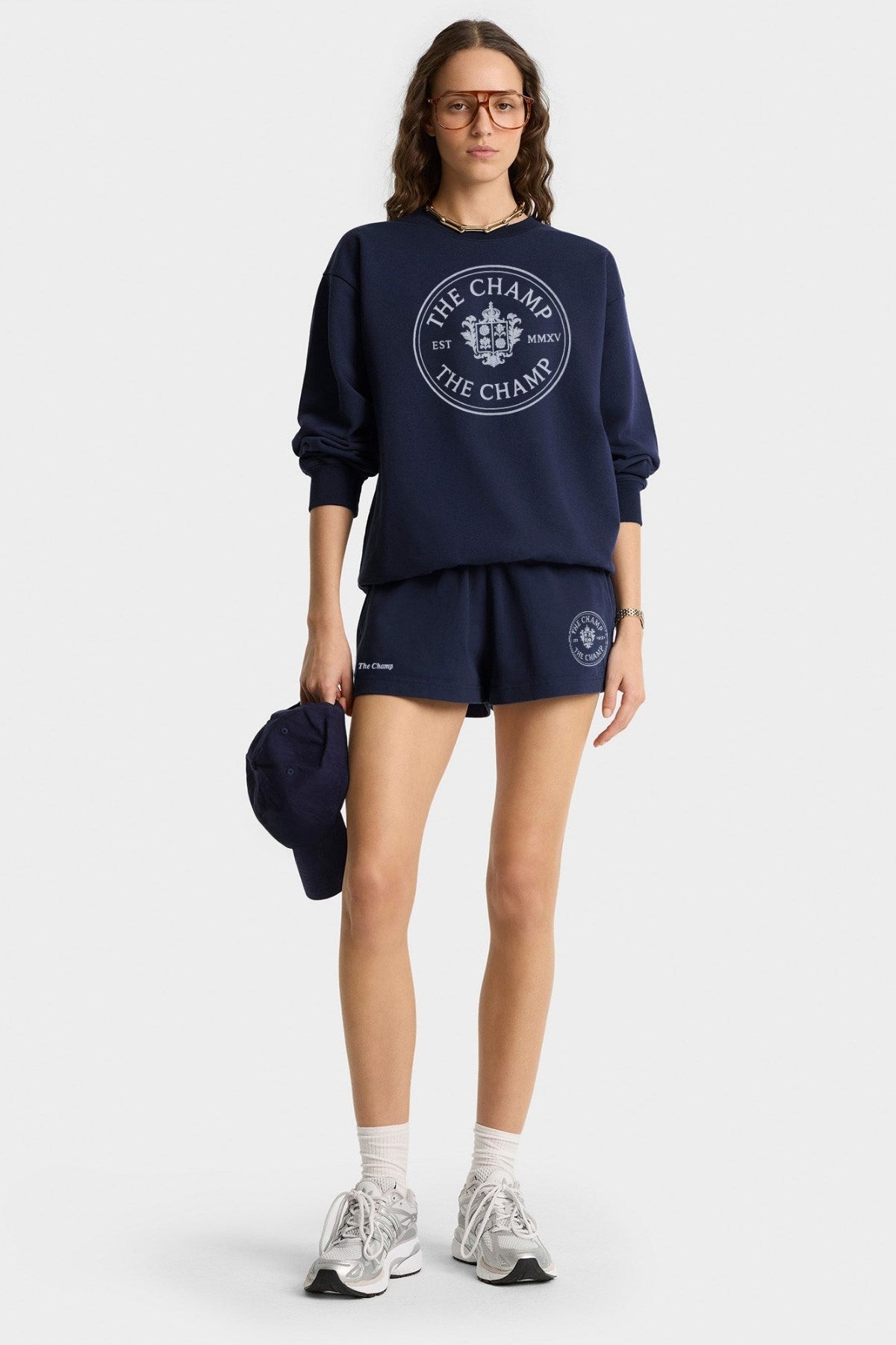 Kadın Lacivert The Champ Armalı İkili Takım Sweatshirt ve Cepli Şort Casual Spor Kombin