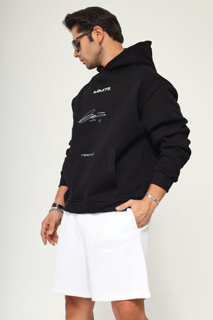 Kapüşonlu İçi Polar MM75 Baskılı Siyah Oversize Hoodie Sweatshirt