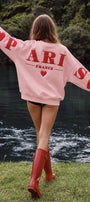 Kadın Oversize Sweatshirt Paris 3D Baskılı Pembe – Bisiklet Yaka, Kol ve Sırt Baskılı, 3 İplik