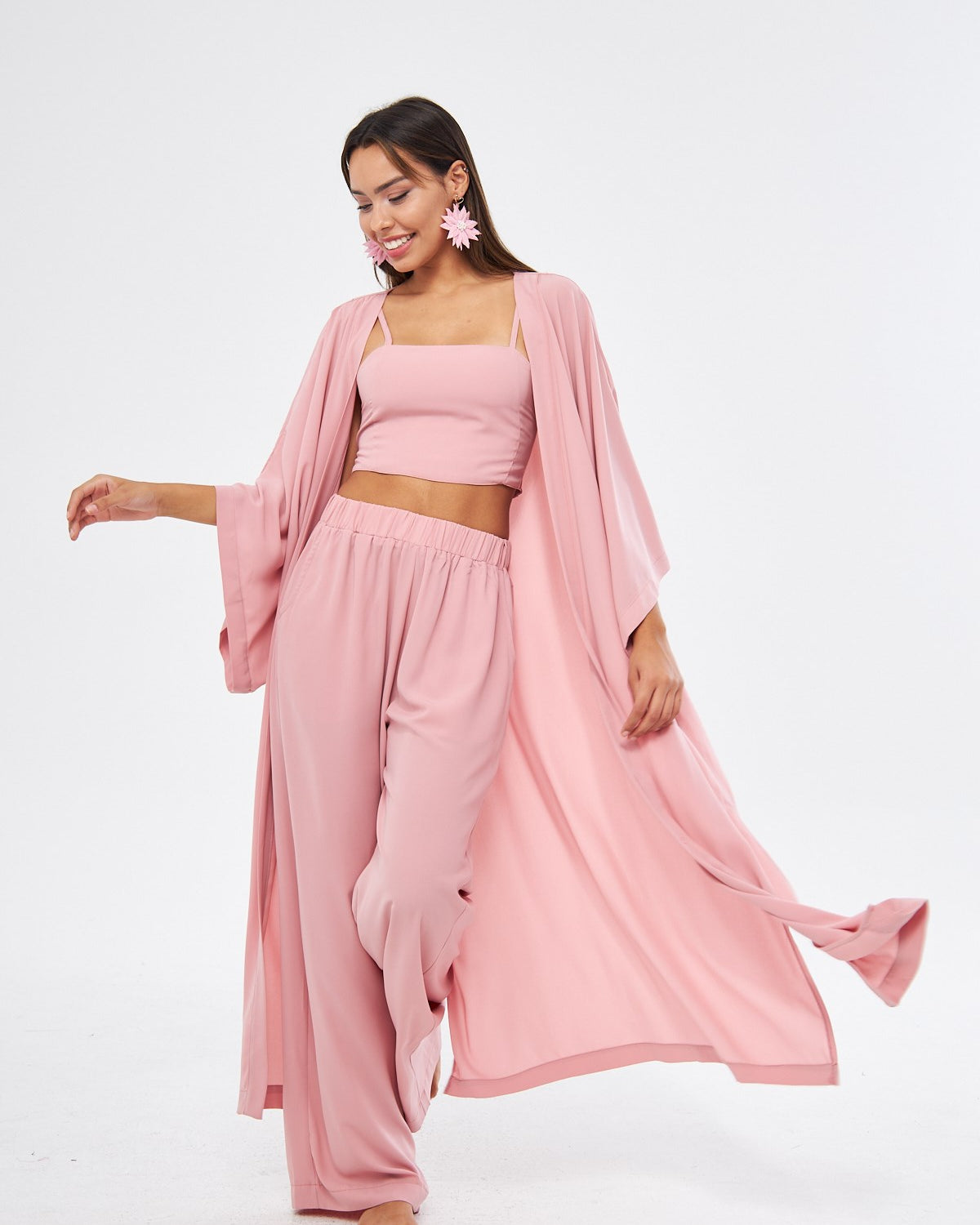 Kimono 3 Parça Büstiyerli Pembe Renk Alt-Üst Takım (Medine İpeği)