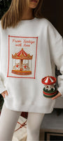 Kadın Oversize Sweatshirt Elbise Carousel Love Baskılı Beyaz – Bisiklet Yaka, 3 İplik Şardonlu Polar