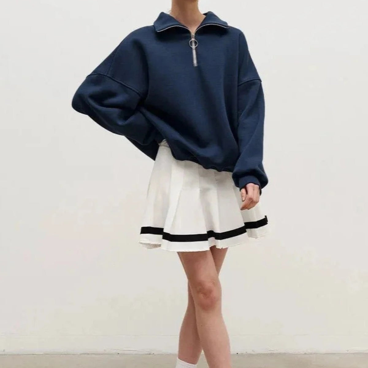 Kadın Gri Yarım Fermuarlı Ceket Sweatshirt 3 İplik Şardonlu Oversize Kesim