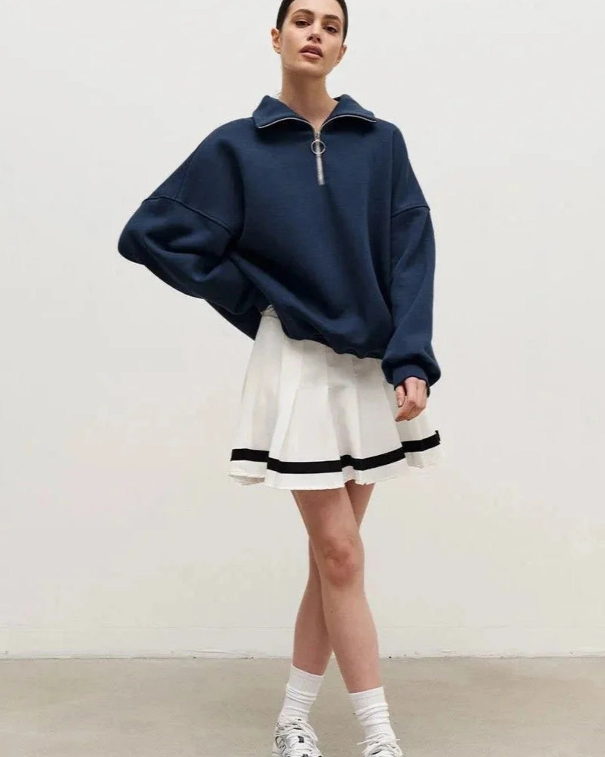 Kadın Gri Yarım Fermuarlı Ceket Sweatshirt 3 İplik Şardonlu Oversize Kesim