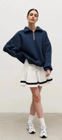 Kadın Gri Yarım Fermuarlı Ceket Sweatshirt 3 İplik Şardonlu Oversize Kesim