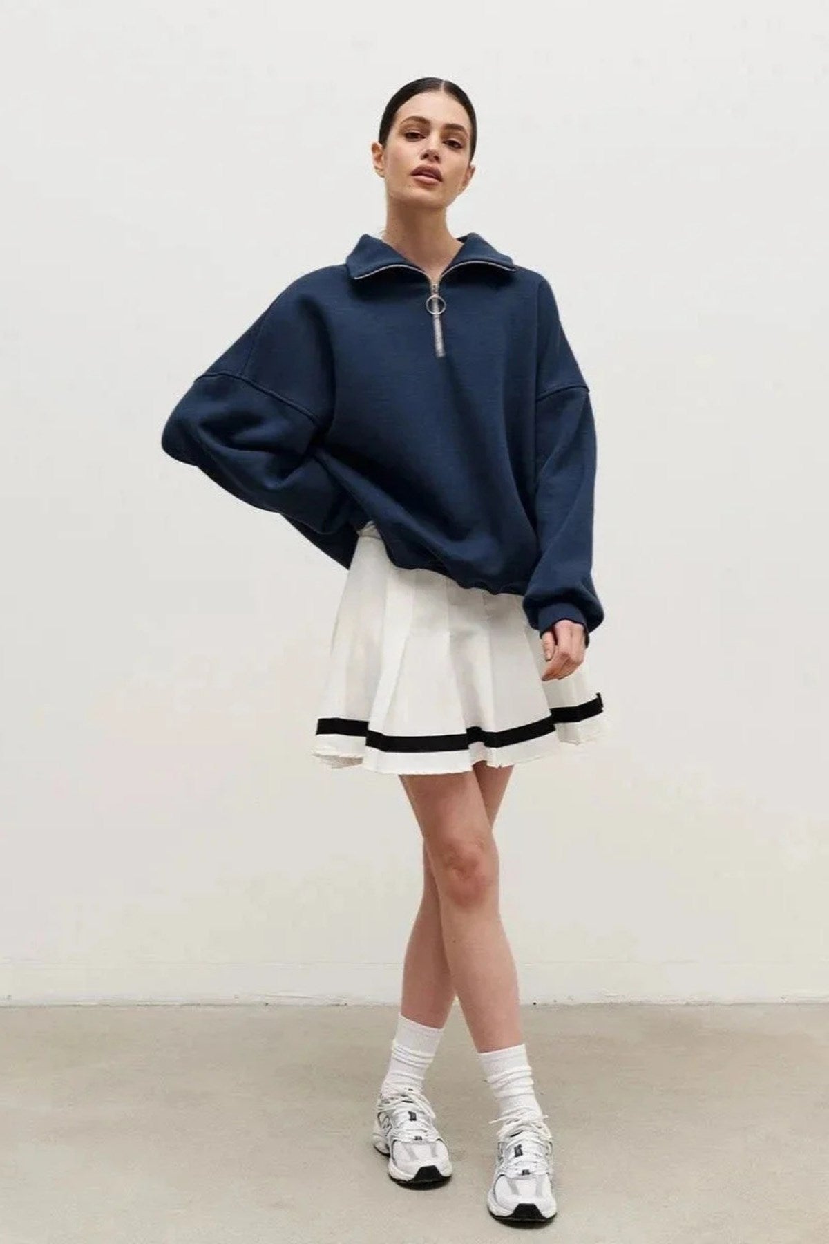 Kadın Gri Yarım Fermuarlı Ceket Sweatshirt 3 İplik Şardonlu Oversize Kesim