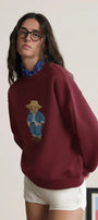 Kadın Oversize Sweatshirt Ranch Bear Baskılı Bordo – Bisiklet Yaka, 3 İplik Şardonlu Polar