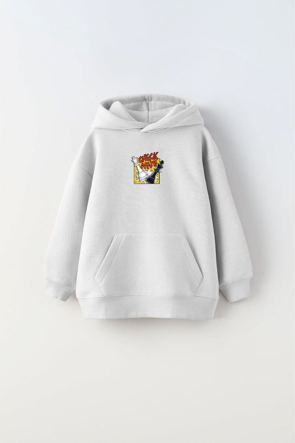 Kapüşonlu İçi Polar Satranç Cartoon Baskılı Beyaz Unisex Çocuk Hoodie Sweatshirt