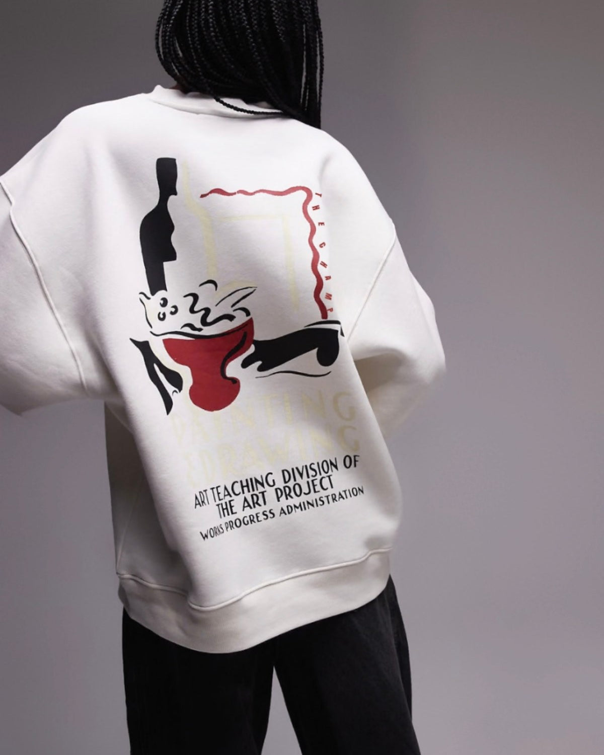 Unisex Beyaz Bisiklet Yaka Sweatshirt – Art Project Sanatsal Baskılı 3 İplik Şardonlu Oversize