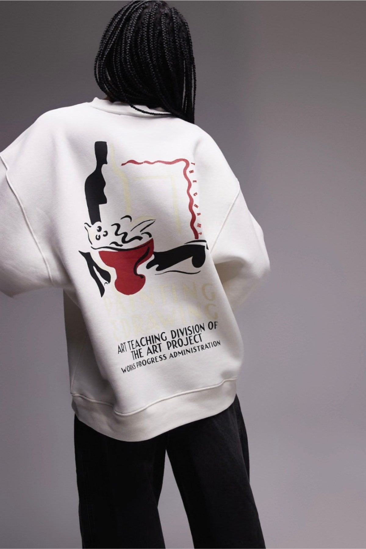Unisex Beyaz Bisiklet Yaka Sweatshirt – Art Project Sanatsal Baskılı 3 İplik Şardonlu Oversize