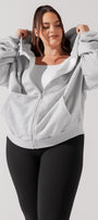 Kadın Gri Oversize Fermuarlı Kapüşonlu Sweatshirt 3 İplik Şardonlu Kumaş