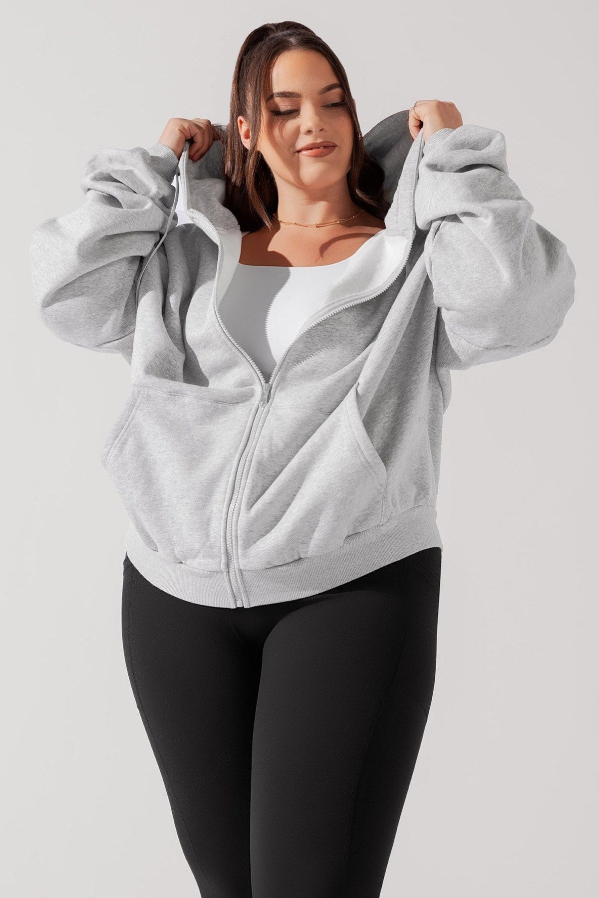 Kadın Gri Oversize Fermuarlı Kapüşonlu Sweatshirt 3 İplik Şardonlu Kumaş