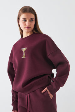 Kadın Oversize Sweatshirt Martini Leopard Baskılı Bordo – Bisiklet Yaka, 3 İplik Şardonlu Polar