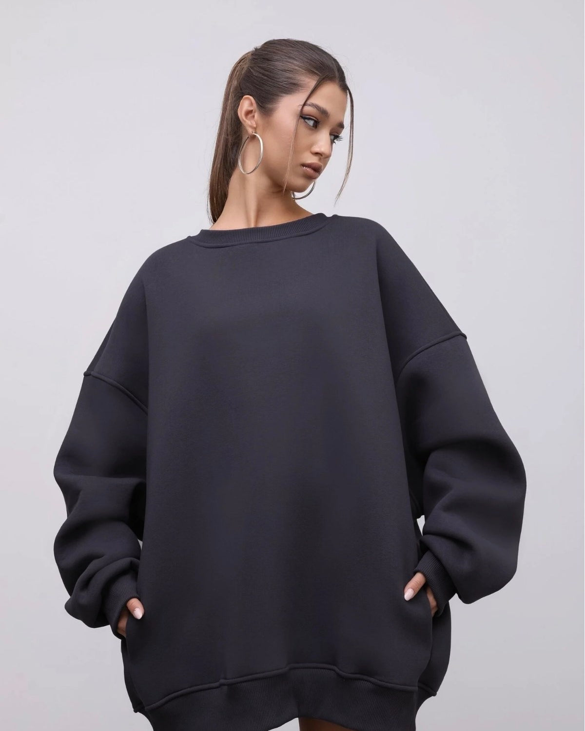 Kadın Oversize Sweatshirt Elbise Basic Füme – Bisiklet Yaka, 3 İplik Şardonlu Polar