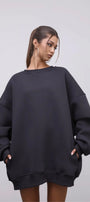 Kadın Oversize Sweatshirt Elbise Basic Füme – Bisiklet Yaka, 3 İplik Şardonlu Polar