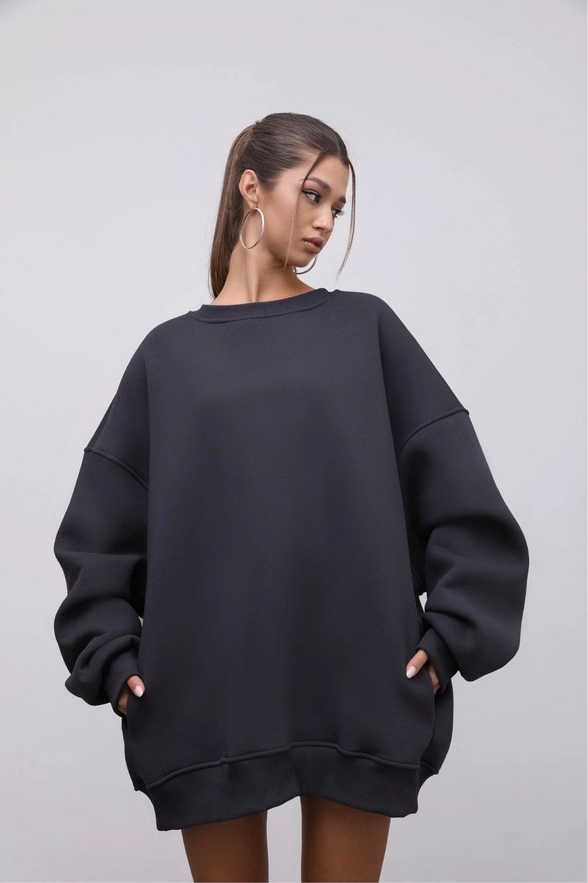 Kadın Oversize Sweatshirt Elbise Basic Füme – Bisiklet Yaka, 3 İplik Şardonlu Polar