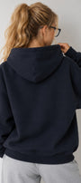 Kadın Oversize Hoodie Amore Baskılı Lacivert – Kapüşonlu, Kanguru Cepli, 3 İplik Şardonlu Polar