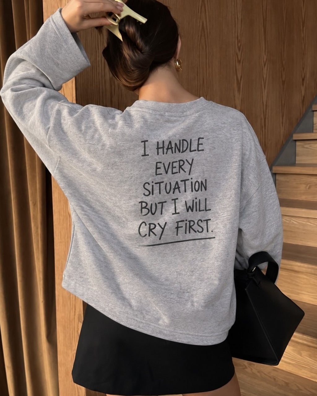 Kadın Relaxed Fit Sweatshirt Cry First Baskılı Gri Melanj – Bisiklet Yaka, 3 İplik Şardonsuz