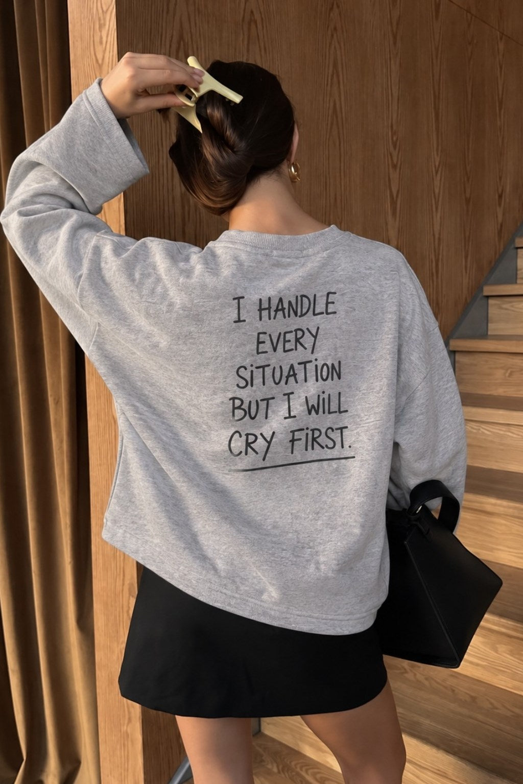 Kadın Relaxed Fit Sweatshirt Cry First Baskılı Gri Melanj – Bisiklet Yaka, 3 İplik Şardonsuz
