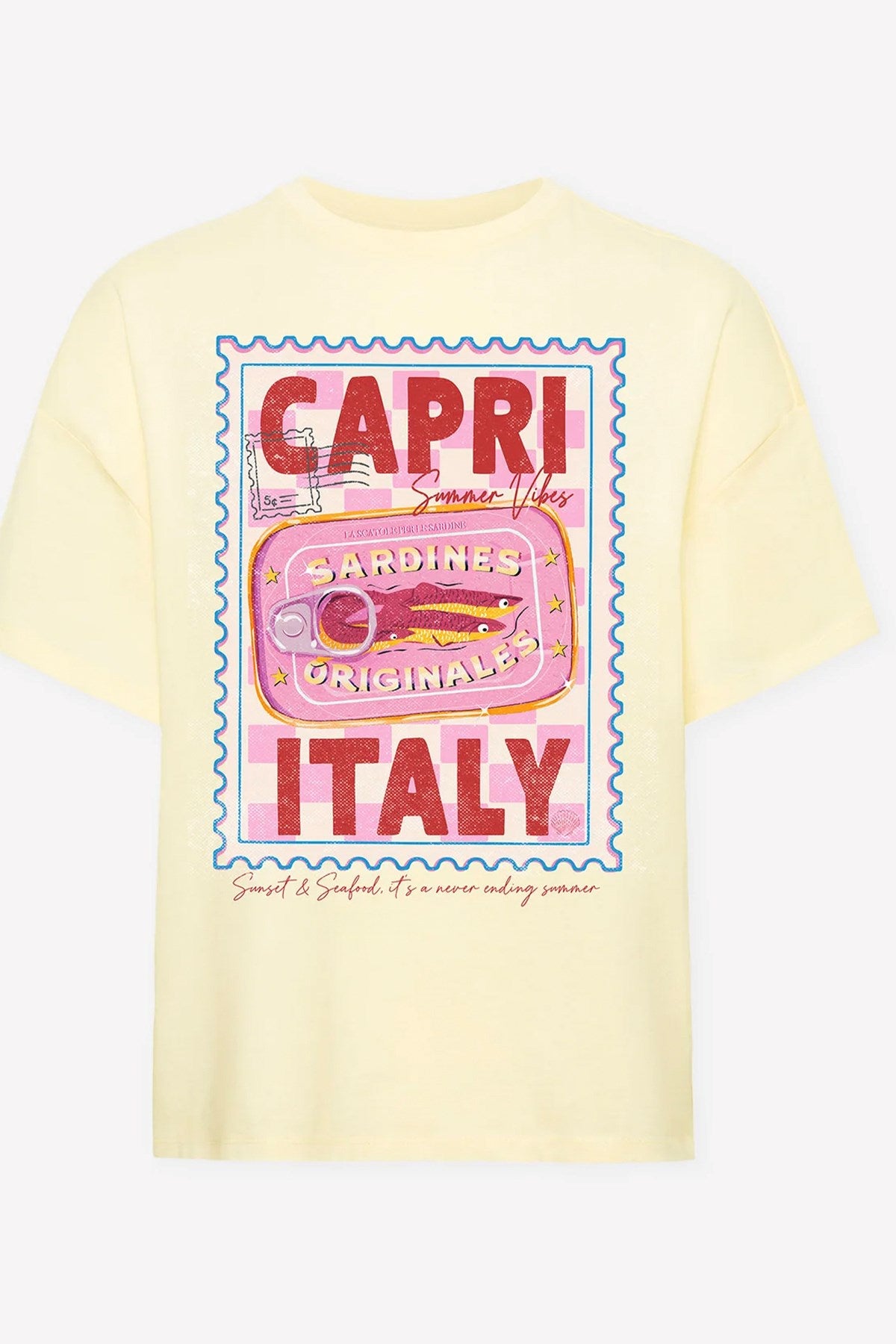 Kadın Oversize Tişört Capri Summer Baskılı Sarı – Bisiklet Yaka, %100 Pamuk Compact Süprem 24/1