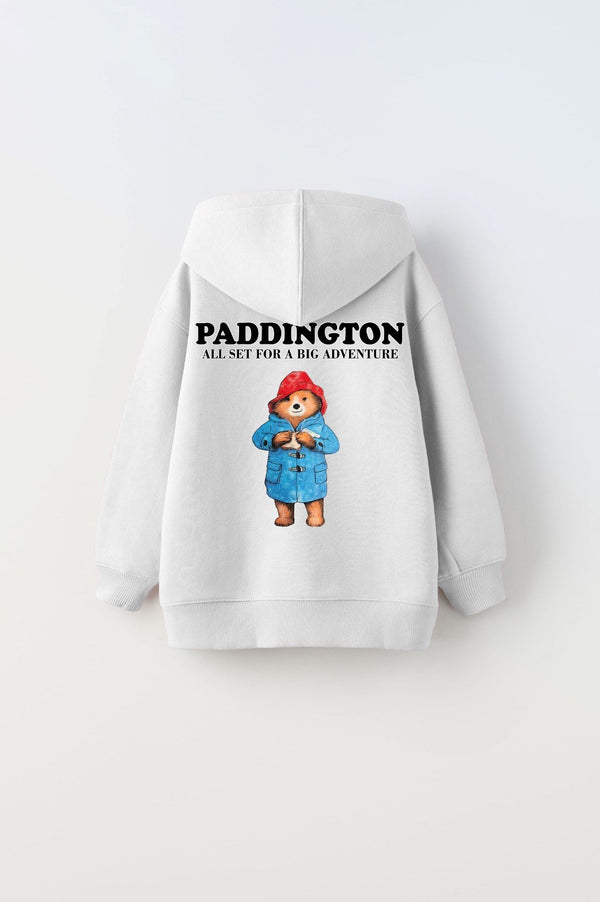 Kapüşonlu İçi Polar Paddington Yazılı Ayı Figür Baskılı Beyaz Unisex Hoodie Çocuk Sweatshirt