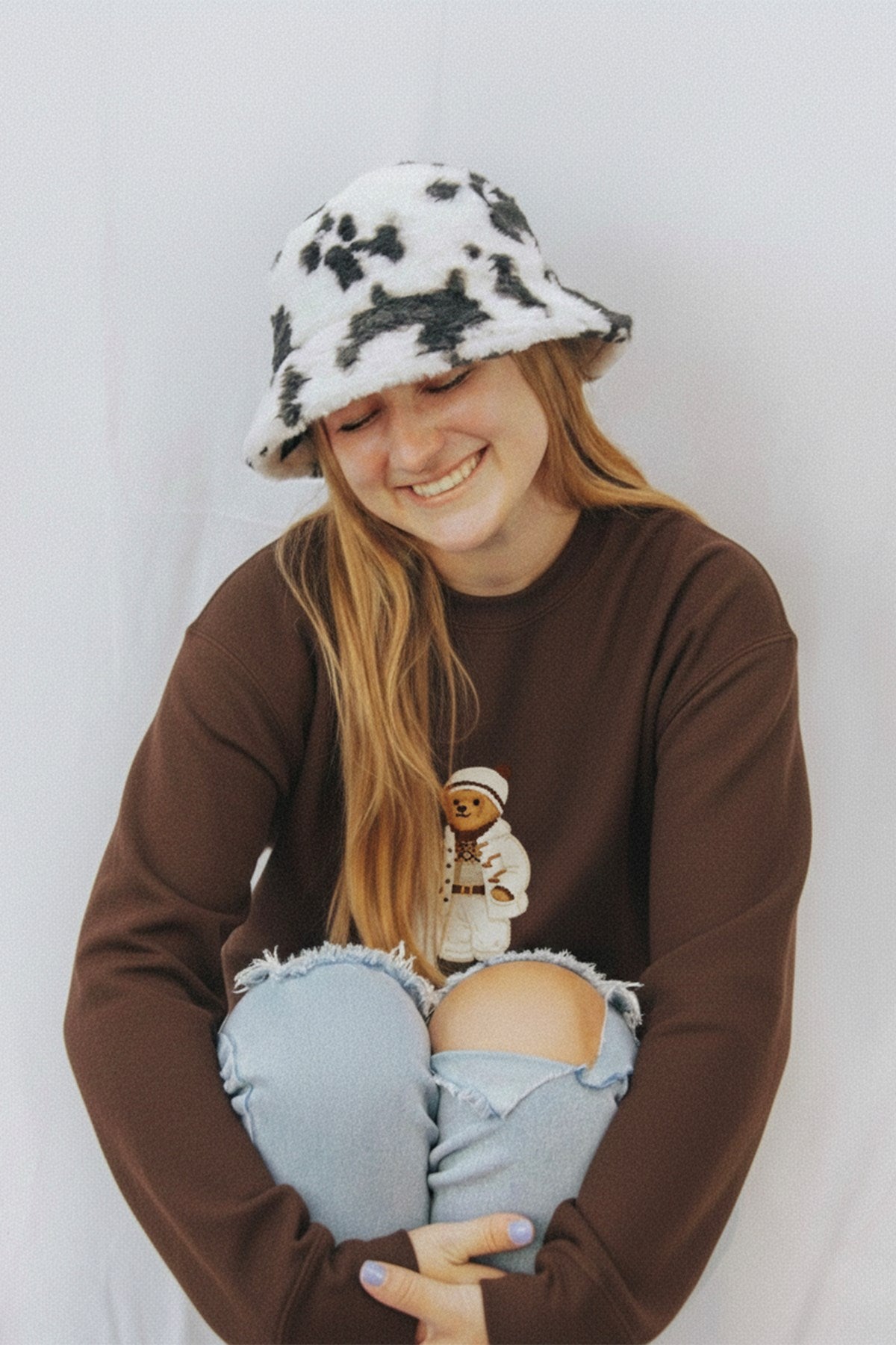 Kadın Oversize Sweatshirt Quiet Club 3D Baskılı Kahverengi – Bisiklet Yaka, 3 İplik Şardonlu Polar