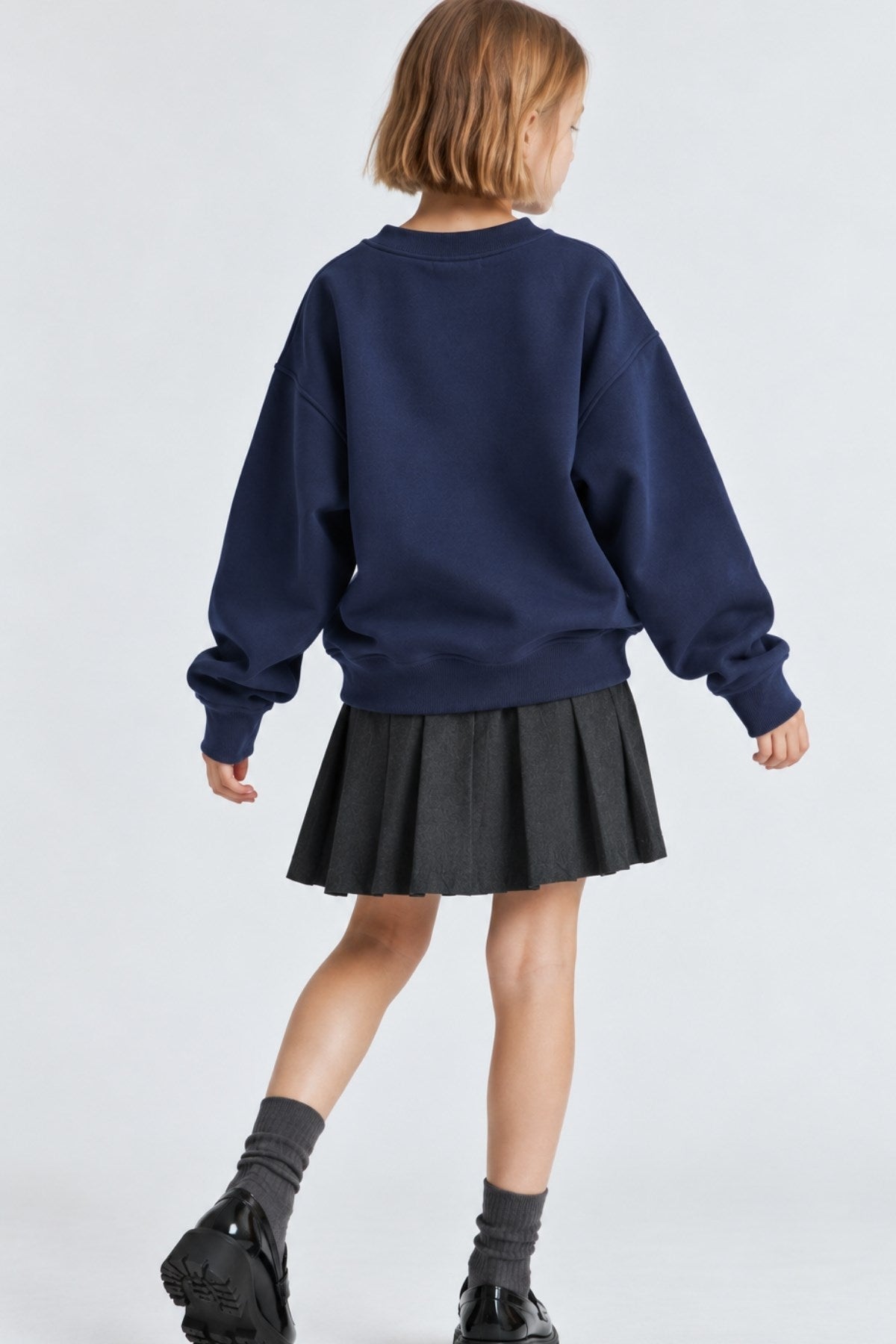 Kız Çocuk Oversize Sweatshirt Basic Lacivert – Bisiklet yaka, 3 iplik şardonlu polar