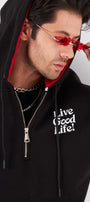 Arka Baskı Detaylı Live Good Life Yazılı Kapüşonlu Bağcıklı Fermuar Kapamalı Oversize Sweatshirt
