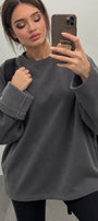 Kadın Relaxed Fit Sweatshirt Basic Füme – Bisiklet Yaka, 3 İplik Şardonsuz, Düşük Omuz, Geniş Kol