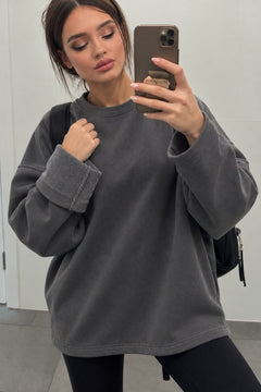 Kadın Relaxed Fit Sweatshirt Basic Füme – Bisiklet Yaka, 3 İplik Şardonsuz, Düşük Omuz, Geniş Kol