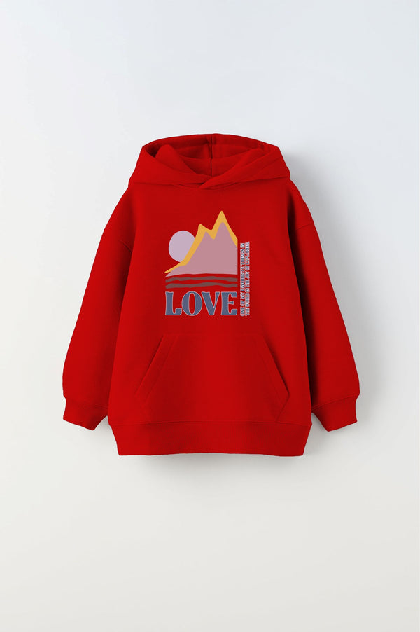 Kapüşonlu İçi Polar Love Yazı Baskılı Kırmızı Unisex Çocuk Hoodie Sweatshirt