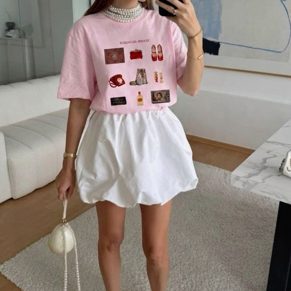 Kadın Oversize Tişört Russian Girl Wishlist Baskılı Pembe – Bisiklet Yaka, Rahat Kalıp, %100 Pamuk