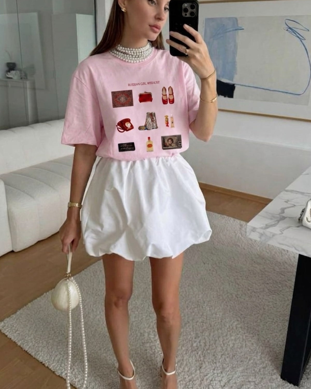 Kadın Oversize Tişört Russian Girl Wishlist Baskılı Pembe – Bisiklet Yaka, Rahat Kalıp, %100 Pamuk