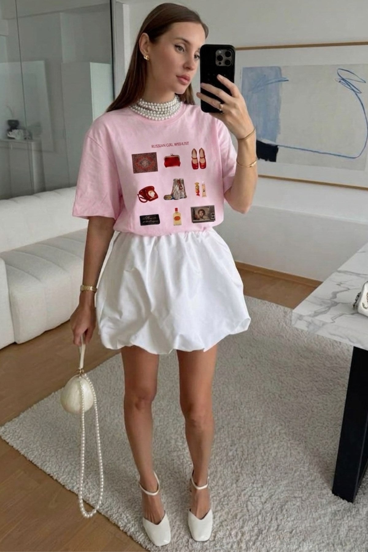 Kadın Oversize Tişört Russian Girl Wishlist Baskılı Pembe – Bisiklet Yaka, Rahat Kalıp, %100 Pamuk