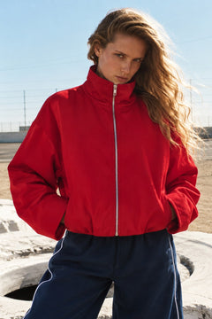 Kadın Vanta Oversize Bomber Ceket Kırmızı – Dik Yaka, Tam Fermuarlı, Gizli Cepli, Elastik Belli