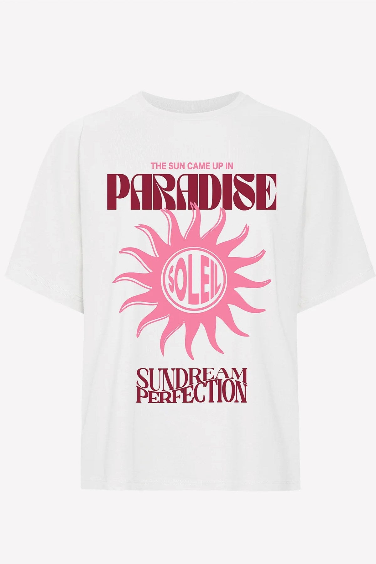 Kadın Oversize Tişört Paradise Sundream Baskılı Beyaz – Bisiklet Yaka, %100 Pamuk Compact Süprem 24/1