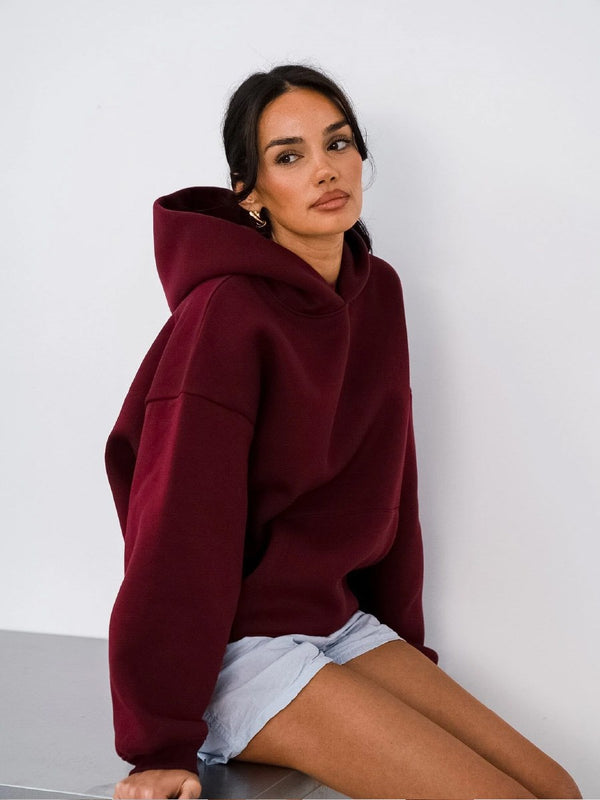 Kapüşonlu Içi Polar Bordo Unisex Oversize Hoodie Sweatshirt