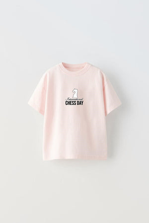 International Chess Day Yazılı Satranç Tasarım Baskılı Pembe Çocuk T-Shirt