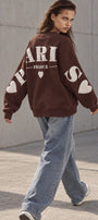 Kadın Oversize Sweatshirt Paris 3D Baskılı Kahverengi – Bisiklet Yaka, Kol ve Sırt Baskılı, 3 İplik