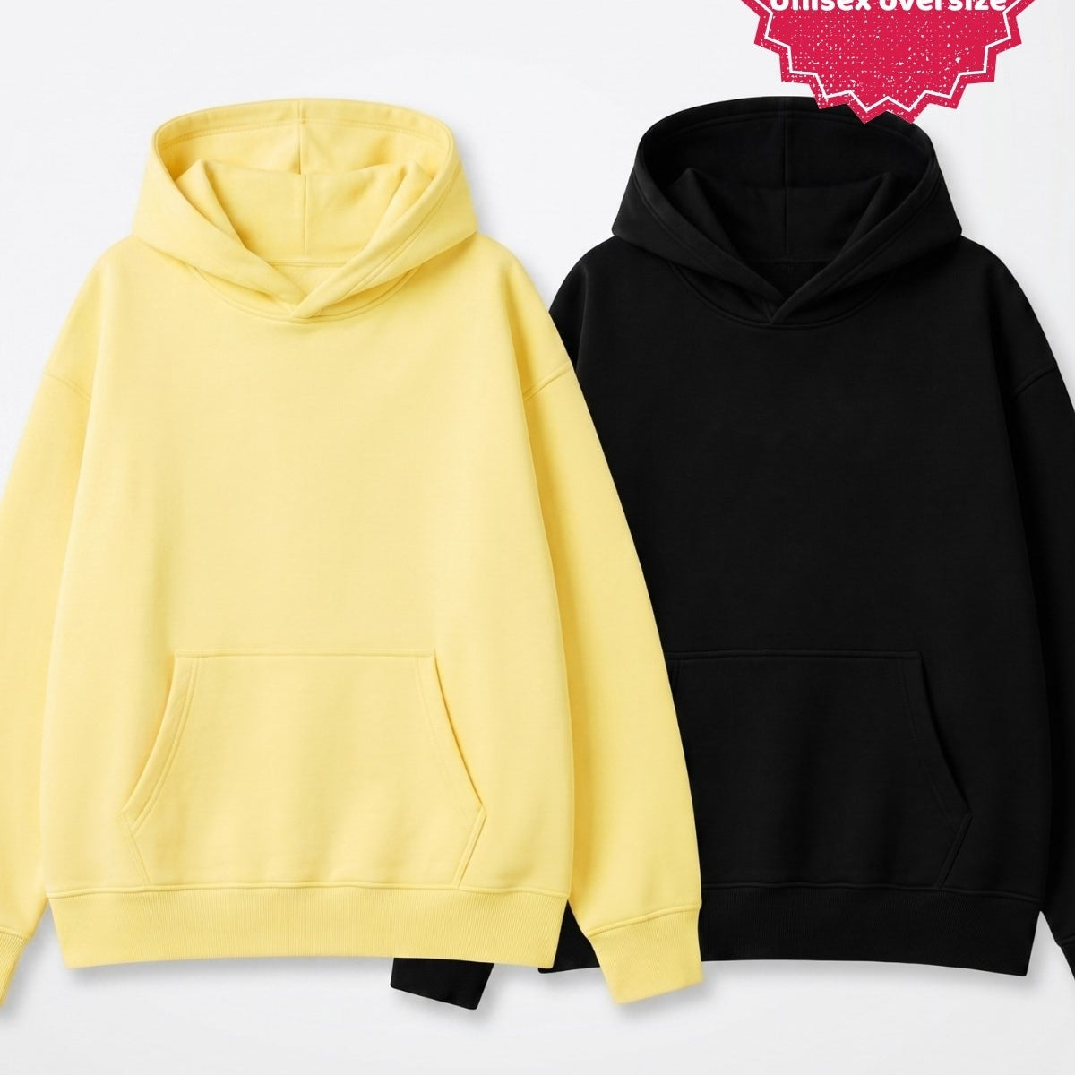 Unisex 2’li Oversize Basic Hoodie Siyah & Sarı – Kapüşonlu, Cepli, 3 İplik Şardonlu Polar