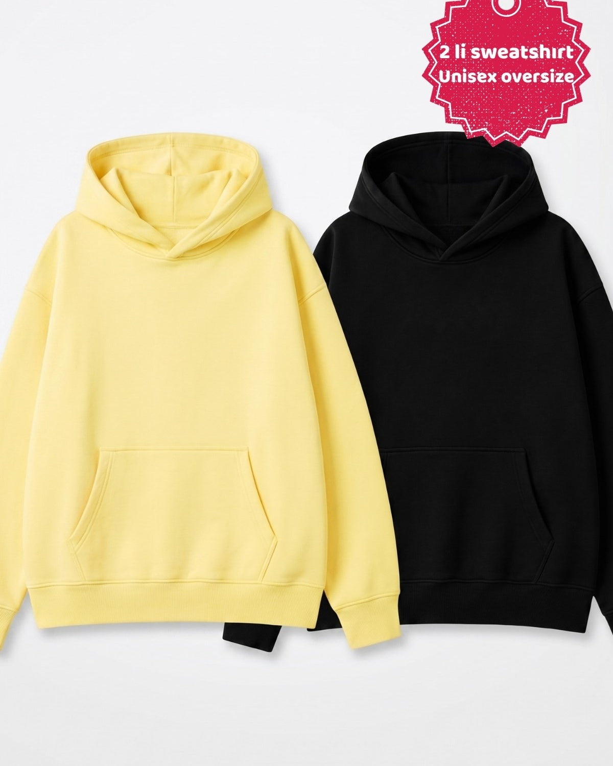 Unisex 2’li Oversize Basic Hoodie Siyah & Sarı – Kapüşonlu, Cepli, 3 İplik Şardonlu Polar