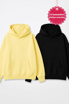 Unisex 2’li Oversize Basic Hoodie Siyah & Sarı – Kapüşonlu, Cepli, 3 İplik Şardonlu Polar