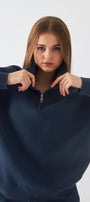 Unisex Oversize Sweatshirt Basic Marine – Yarım Fermuar Dik Yaka, 3 İplik Şardonlu Polar