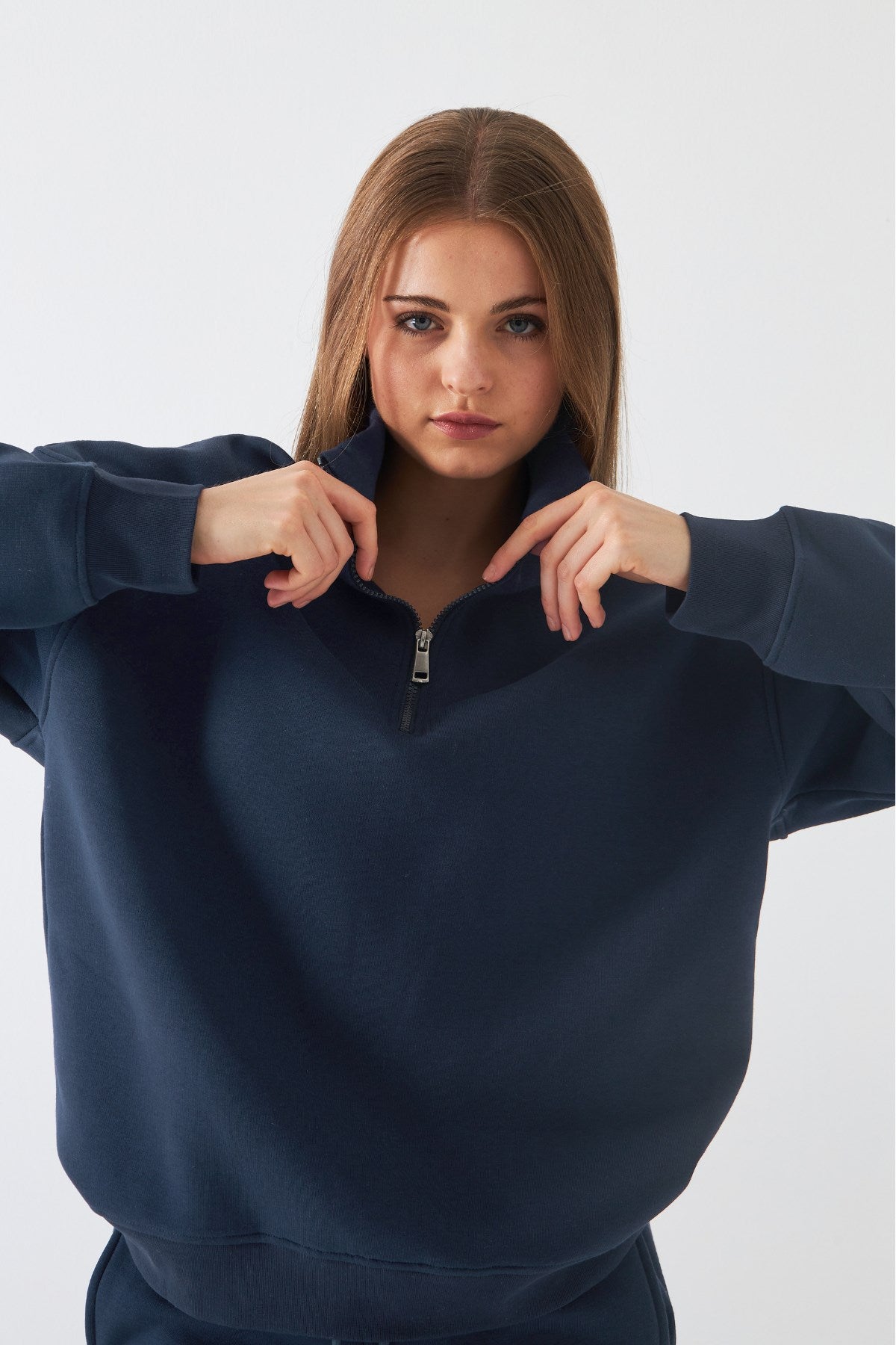 Unisex Oversize Sweatshirt Basic Marine – Yarım Fermuar Dik Yaka, 3 İplik Şardonlu Polar