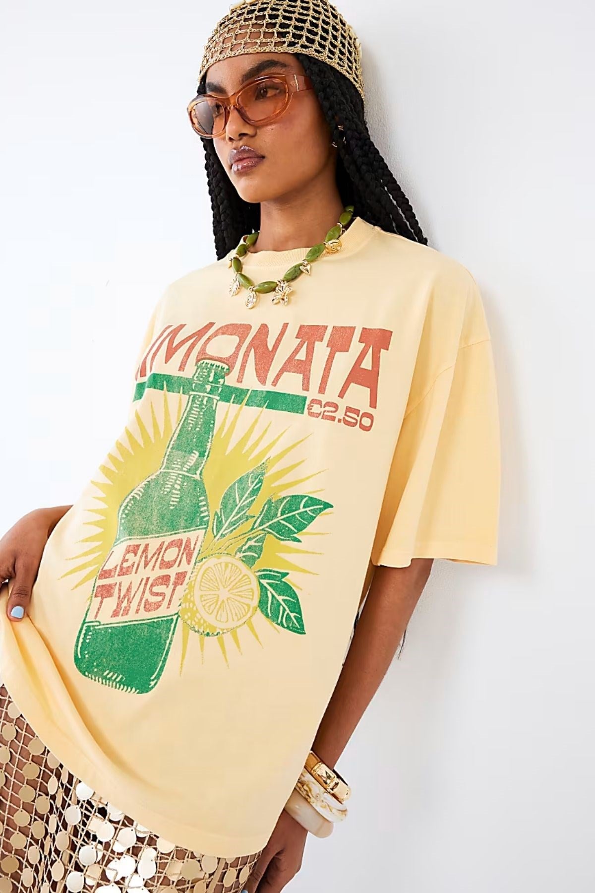 Vintage Limonata Baskılı Unisex Sarı Tişört  %100 Pamuk Oversize Kesim