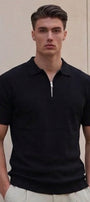 Erkek Dokulu Fitilli Triko Tişört Siyah - Polo Yaka, Yarım Fermuar, Fit, Yazlık, Örme 