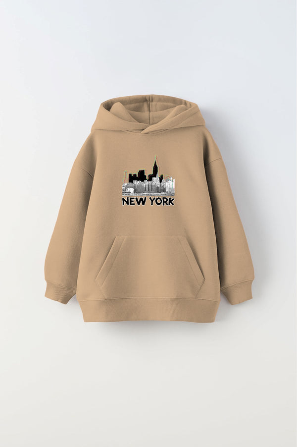 Kapüşonlu İçi Polar New York Yazı Baskılı Bej Unisex Çocuk Hoodie Sweatshirt