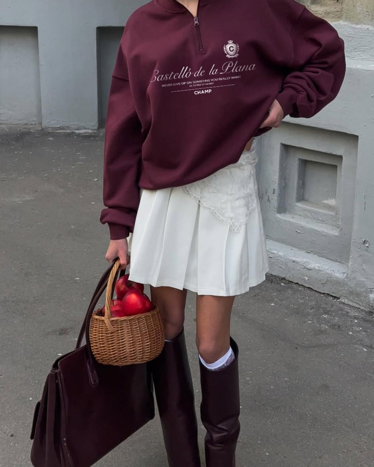 Kadın Oversize Sweatshirt Castelló de la Plana Baskılı Bordo – Yarım Fermuarlı, 3 İplik Polar