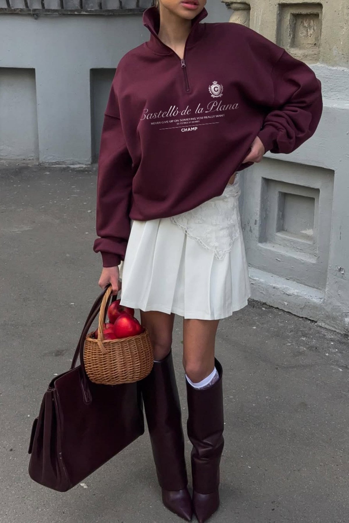 Kadın Oversize Sweatshirt Castelló de la Plana Baskılı Bordo – Yarım Fermuarlı, 3 İplik Polar
