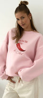Kadın Oversize Sweatshirt Be Hot Baskılı Pembe – Bisiklet Yaka, 3 İplik Şardonlu Polar