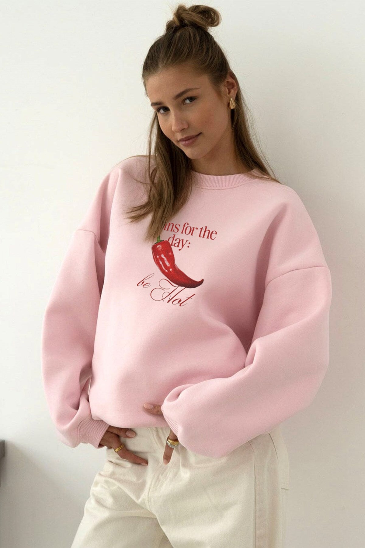 Kadın Oversize Sweatshirt Be Hot Baskılı Pembe – Bisiklet Yaka, 3 İplik Şardonlu Polar